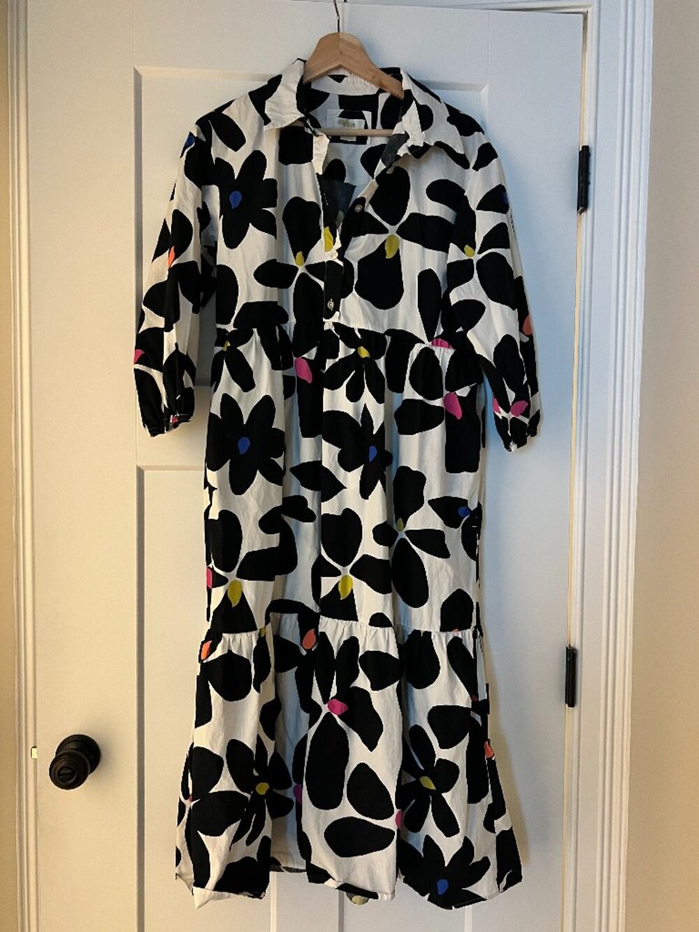 Anthropologie Maeve Bettina Floral Tiered Midi Shirt Dress Black White M - Picture 2 of 10